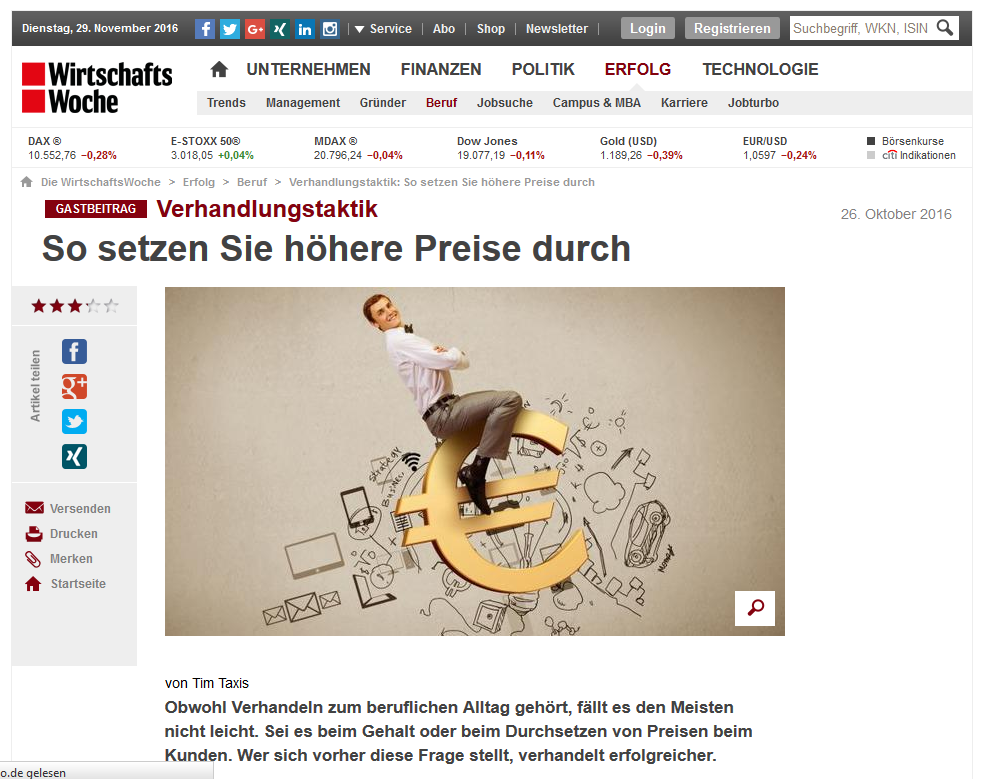 "So setzen Sie höhere Preise durch", WirtschaftsWoche vom 26. Oktober 2016